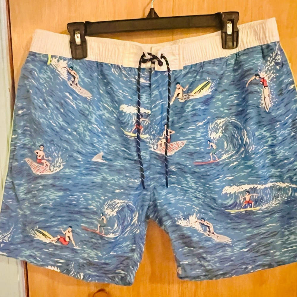 Scotch & Soda Blue and White Swim Trunks with Surf Motifs